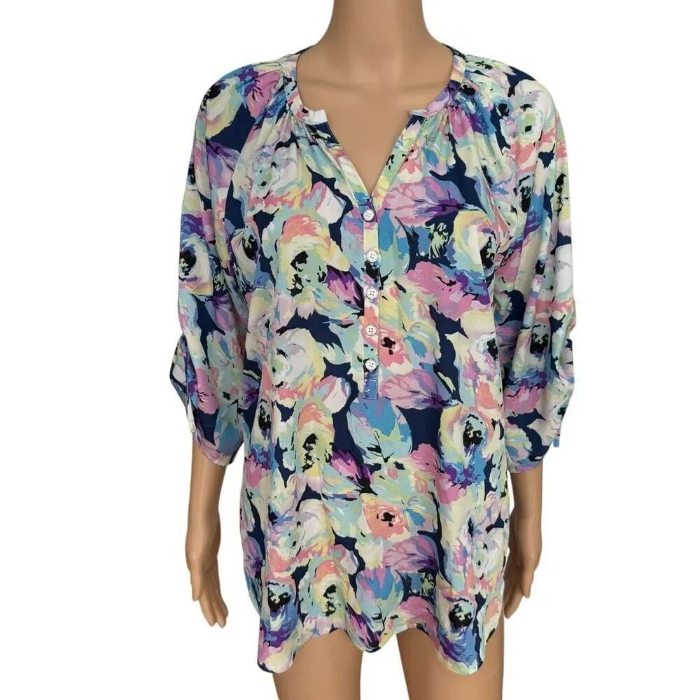 Yumi Kim floral print neon pastel v-neck 1/2 button up top blouse size L